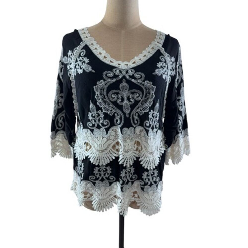 Linen,Black, Embroidered Blouse, V-Neck, Size XL,‎ Bohemian, Beach Wear, Gypsy